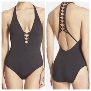 Trina Turk Algiers Beaded V Plunge One Piece Swimsuit Black Size 6 NWT